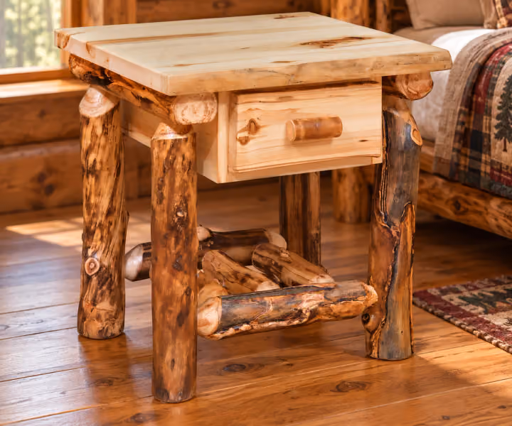 Meadow Creek Aspen One Drawer Nightstand in a rustic cabin bedroom