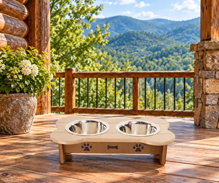 Willow Bay Poly Double Dog Feeder in an outdoor mountain cabin setting