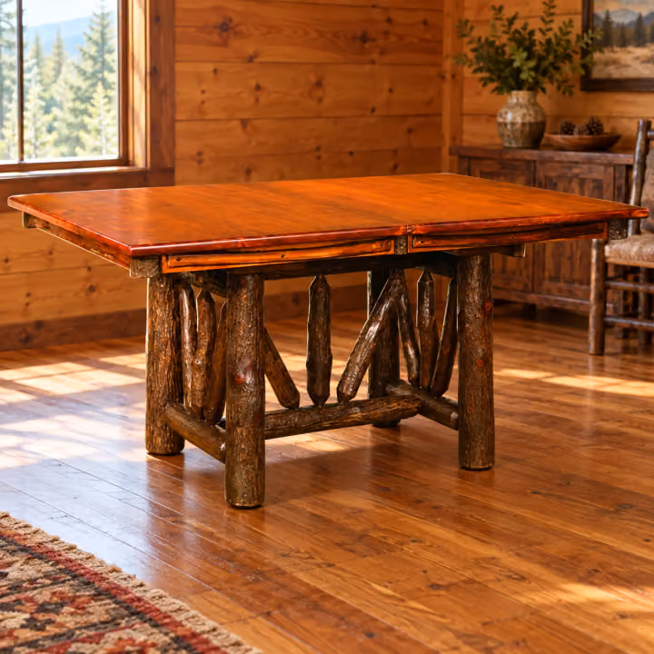 Fox Hollow Cherry & Hickory Wheel-Base Dining Table in a rustic home