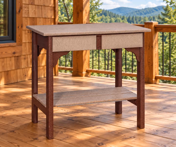 Harbor Porch Poly Grill Table with Drawers in an outdoor cabin setting