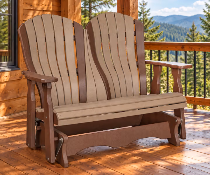 Harbor Porch Arched-back Poly Double Glider in an outdoor cabin setting