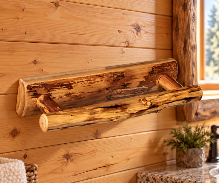 Hearthside Medium Log Towel Holder in a rustic cabin