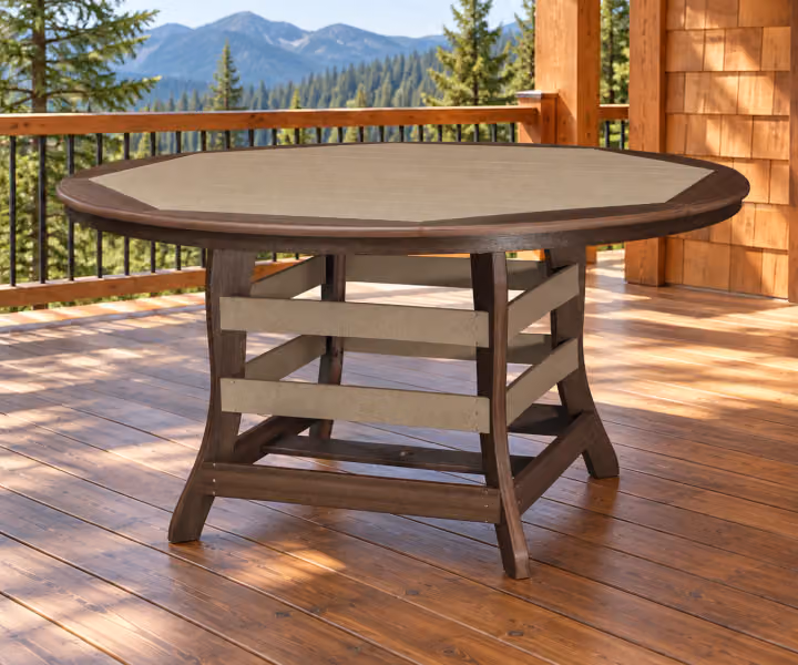 Harbor Porch Wide Bordered Round Poly Counter Table in an outdoor cabin setting