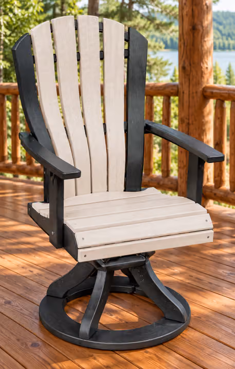 Harbor Porch Arched-back Poly Spring Swivel Dining Chair in an outdoor cabin setting