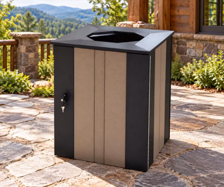 Willow Bay Poly Large Boardwalk Waste Cabinet in an outdoor mountain cabin setting
