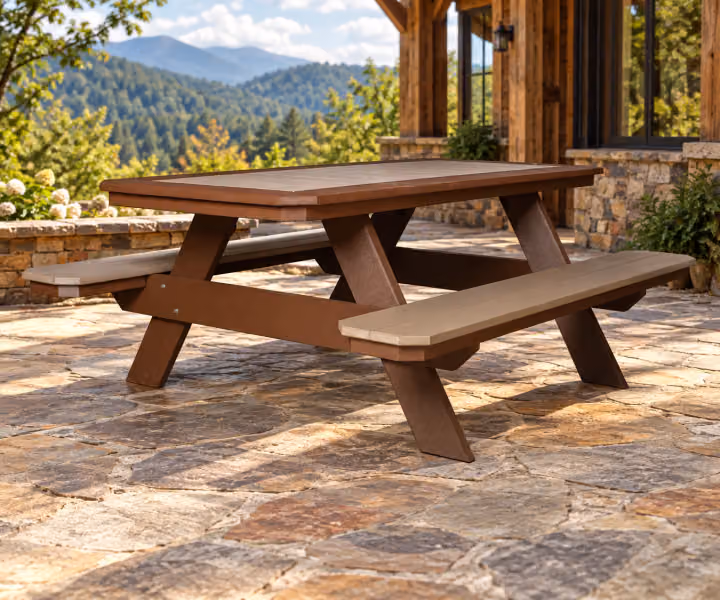 Willow Bay Poly Picnic Table in an outdoor mountain cabin setting