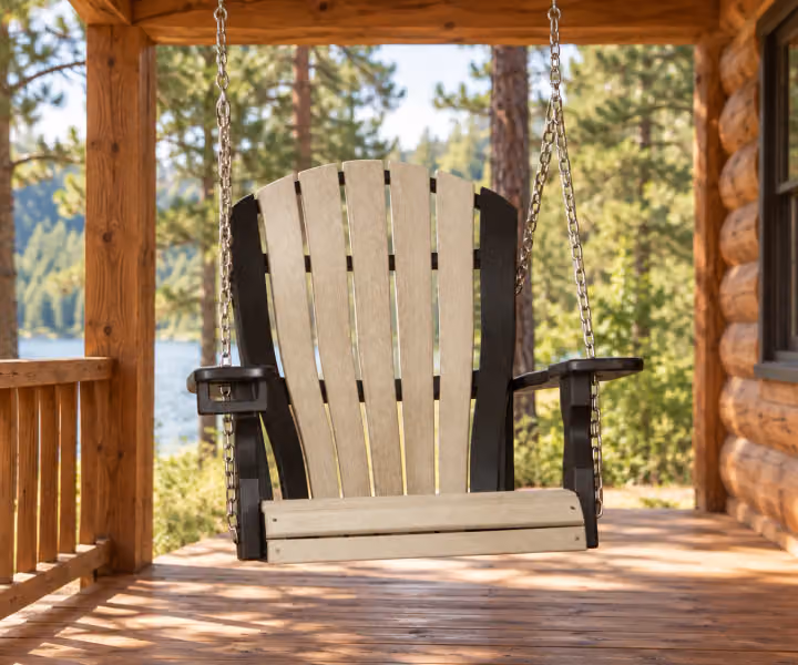 Harbor Porch Arched-back Poly Single Porch Swing in an outdoor cabin setting