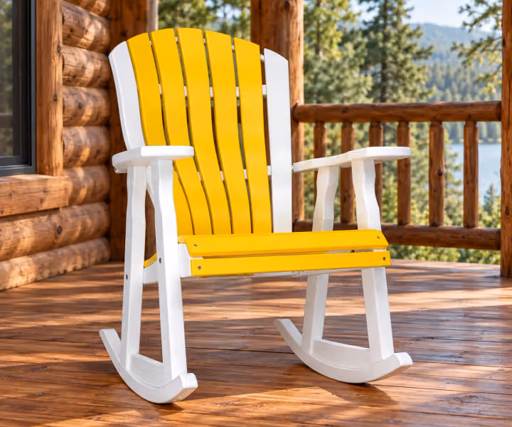 Harbor Porch Compact Arched-back Poly Porch Rocker in an outdoor cabin setting