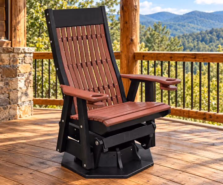 Willow Bay Poly Seabreeze Swivel Glider on a covered mountain cabin porch
