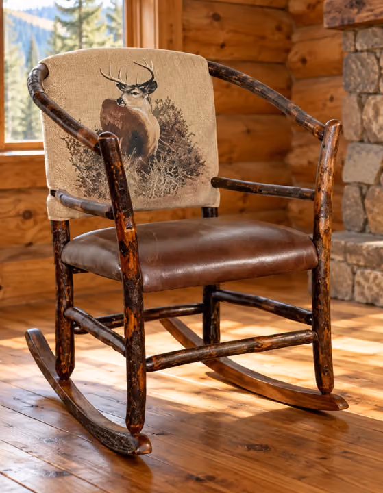 Hemlock Ridge Hickory Hoop Rocker in a rustic cabin living