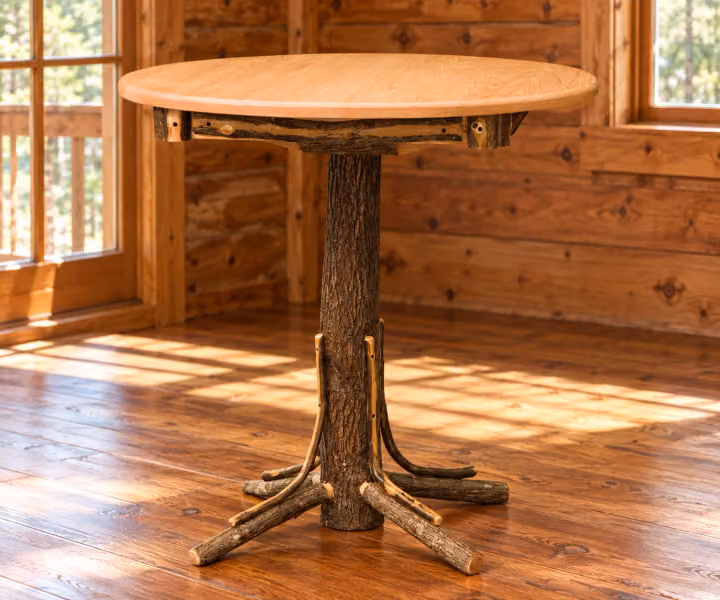 Fox Hollow Hickory Round Top Pub Table in a rustic cabin dining
