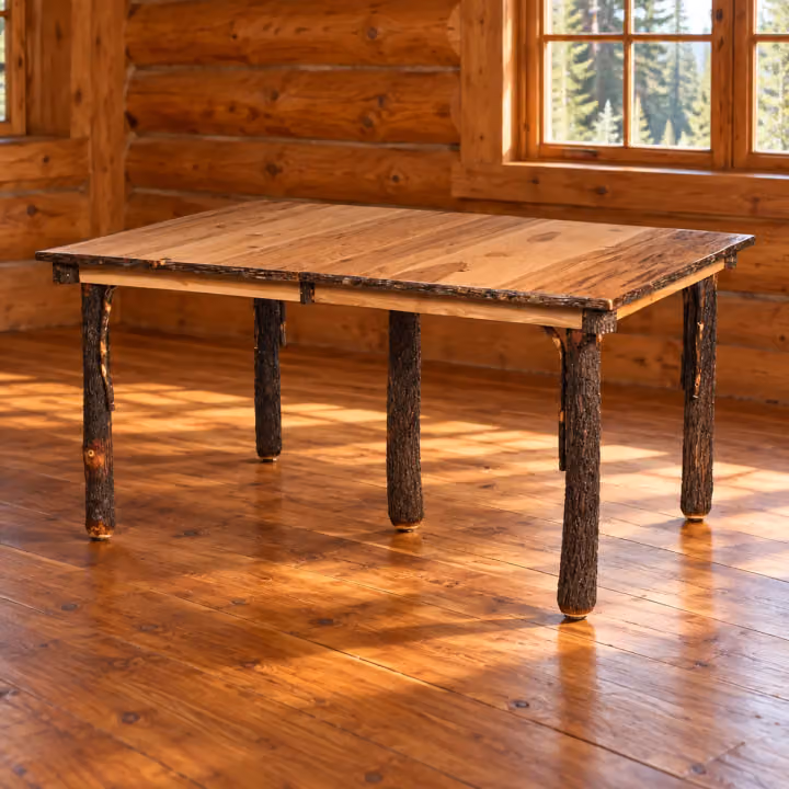 Fox Hollow Hickory Harvest Dining Table in a rustic cabin dining