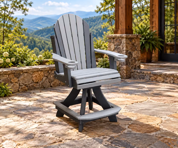 Willow Bay Poly Adirondack Swivel Chair in an outdoor mountain cabin setting