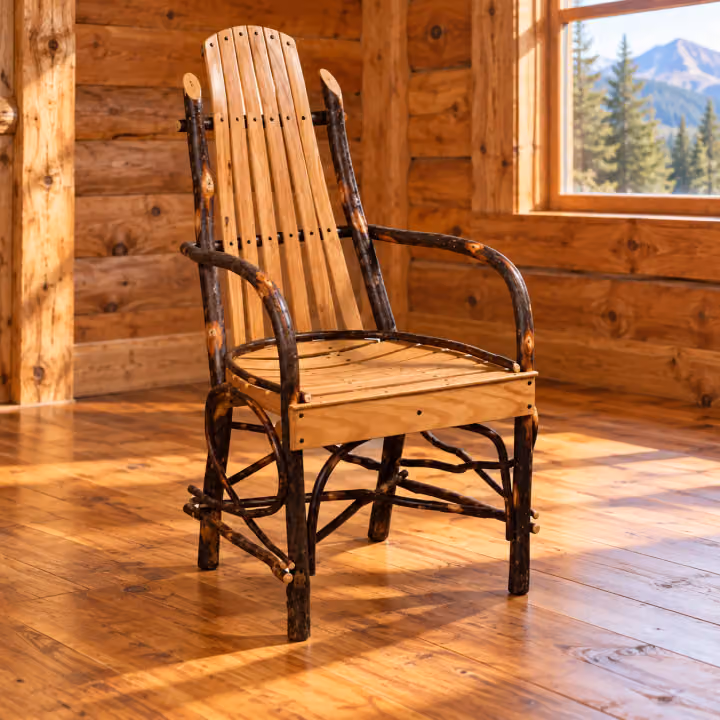 Fox Hollow Hickory Bendwood Deluxe Arm Chair in a rustic cabin dining
