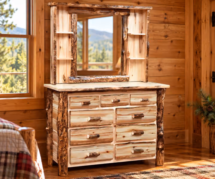 Meadow Creek Aspen 3 over Six Drawer Dresser in a rustic cabin bedroom