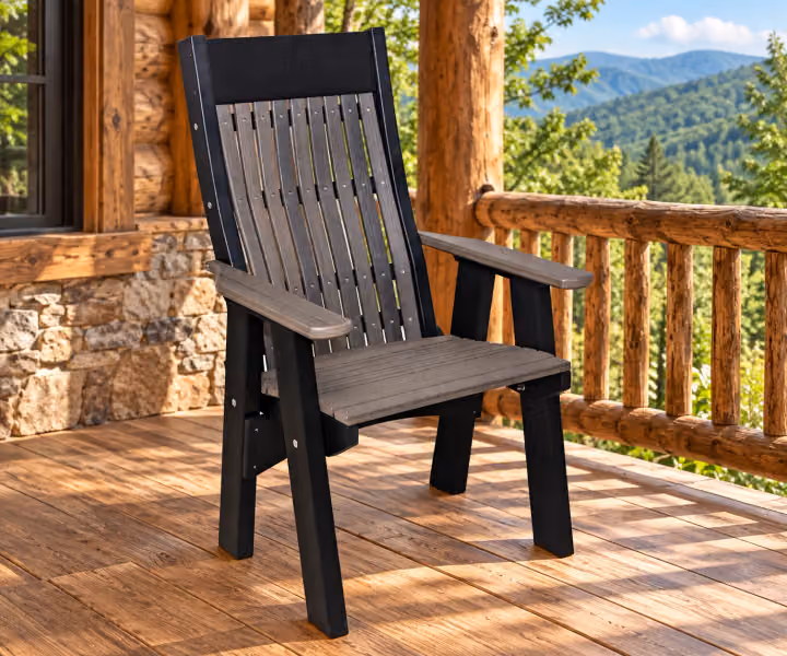 Willow Bay Poly Seabreeze Solid Chair in an outdoor mountain cabin setting