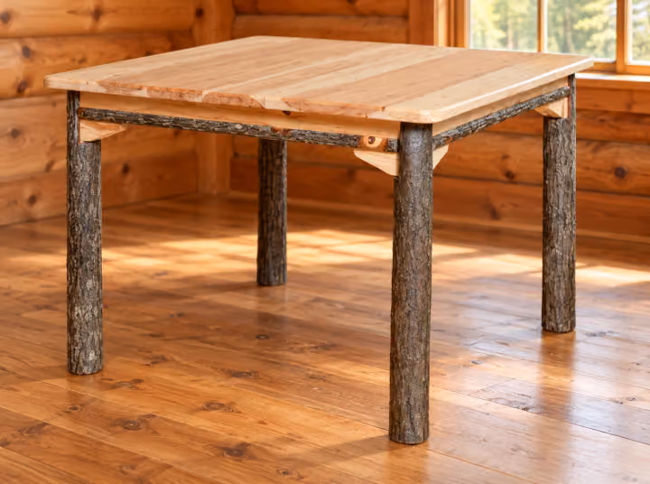Hemlock Ridge Hickory Rectangular Dining Table in a rustic cabin dining