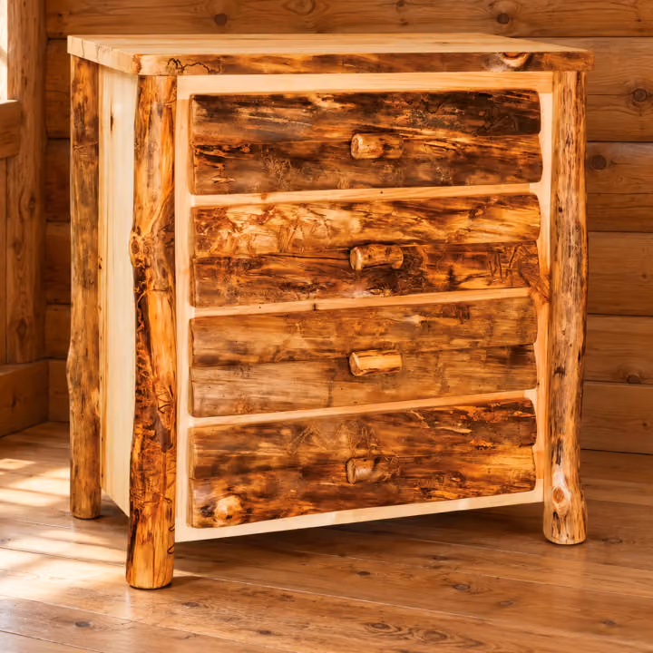 Timber Hollow Aspen Four-Drawer Chest in a cabin bedroom