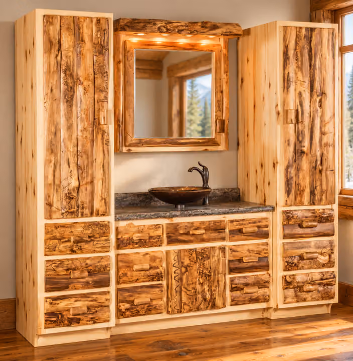 Timber Hollow Aspen Four-Piece Bathroom Cabinet Set in a cabin bathroom
