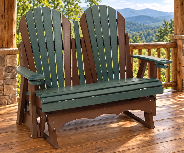 Willow Bay Poly Adirondack Glider on a covered mountain cabin porch