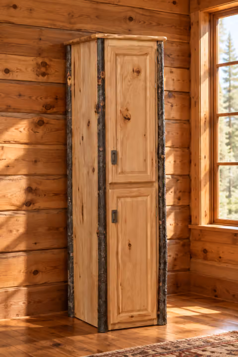 Hemlock Ridge Hickory Linen Closet in a rustic cabin setting