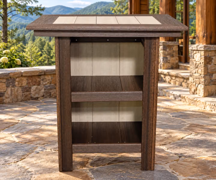 Willow Bay Poly Modular Serving Bar in an outdoor mountain cabin setting