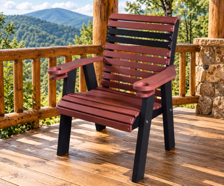 Amish Poly Patio Dining Tables in a timber cabin setting