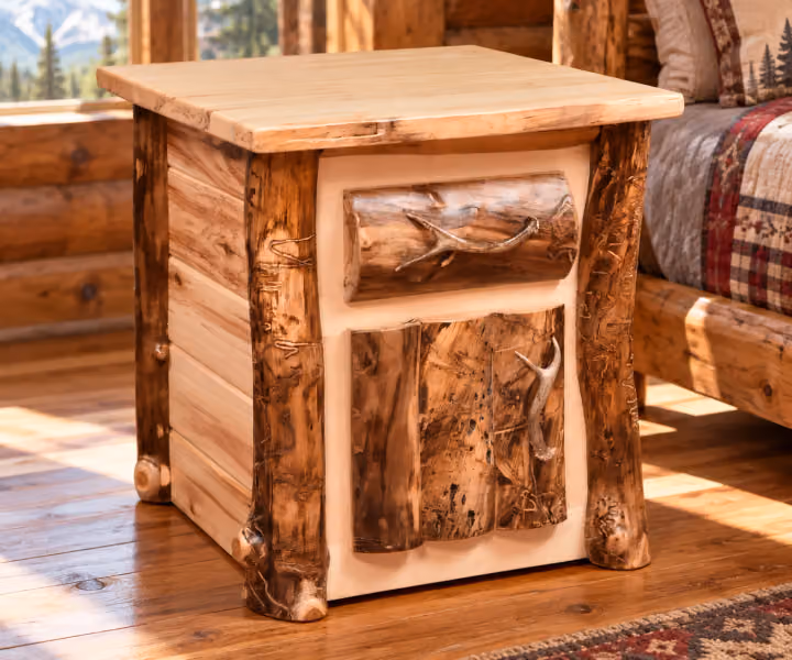 Woodland Hollow Aspen One Drawer Cabinet Nightstand in a rustic cabin bedroom