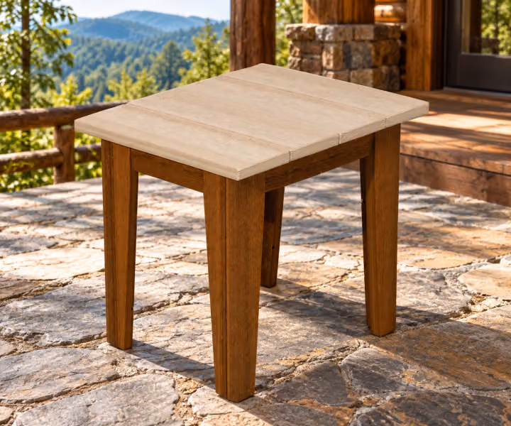 Willow Bay Poly Shoreline End Table in an outdoor mountain cabin setting