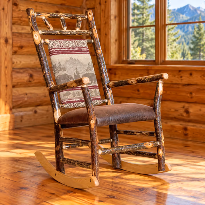 Hemlock Ridge Hickory Straight Back Rocker in a rustic cabin living