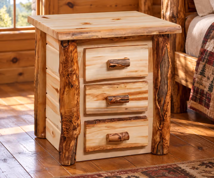 Meadow Creek Aspen Three Drawer Nightstand in a rustic cabin bedroom