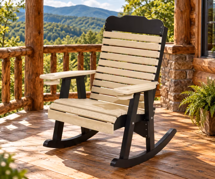 Willow Bay Poly Tall-back Rocker in an outdoor mountain cabin setting