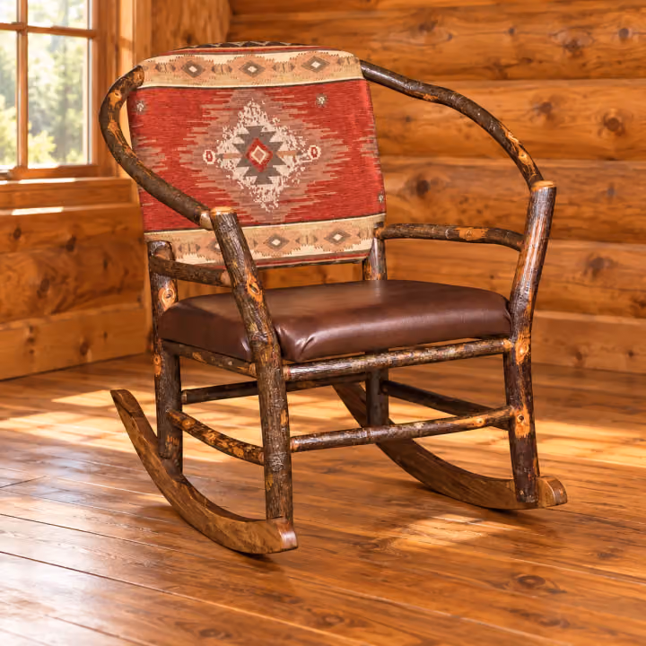 River Curve Hickory Hoop Rocker in a rustic cabin setting