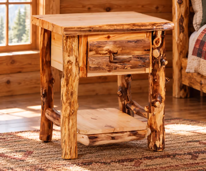 Hearthside Briar Summit 1 Drawer Nightstand in a rustic cabin