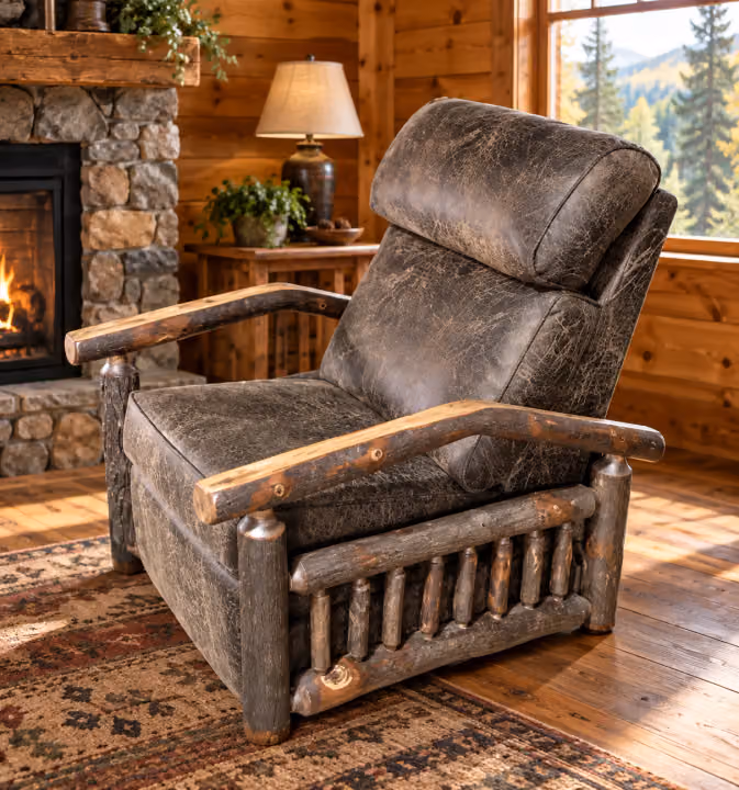 Copper Hollow Hickory Cushioned Recliner in a rustic home