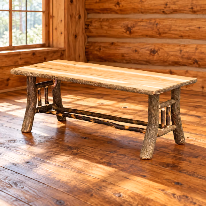 Fox Hollow Hickory Hearthstone Coffee Table in a rustic cabin living