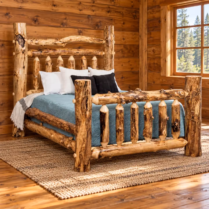 Clearwater Aspen Grand Log Bed in a rustic cabin bedroom