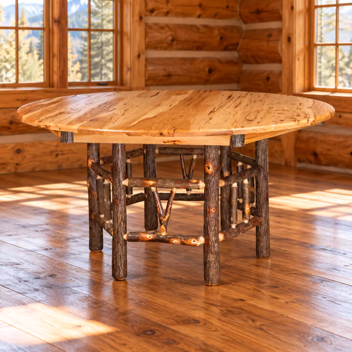 Fox Hollow Hickory Riverbend Round Dining Table in a rustic cabin dining