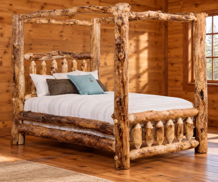 Clearwater Aspen Canopy Bed in a rustic cabin bedroom