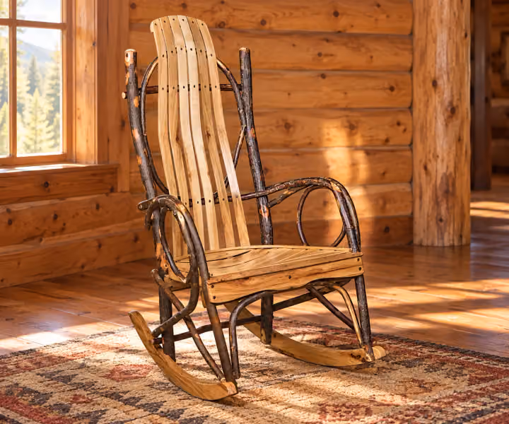 Forest Bend Hickory Rocker in a rustic cabin living