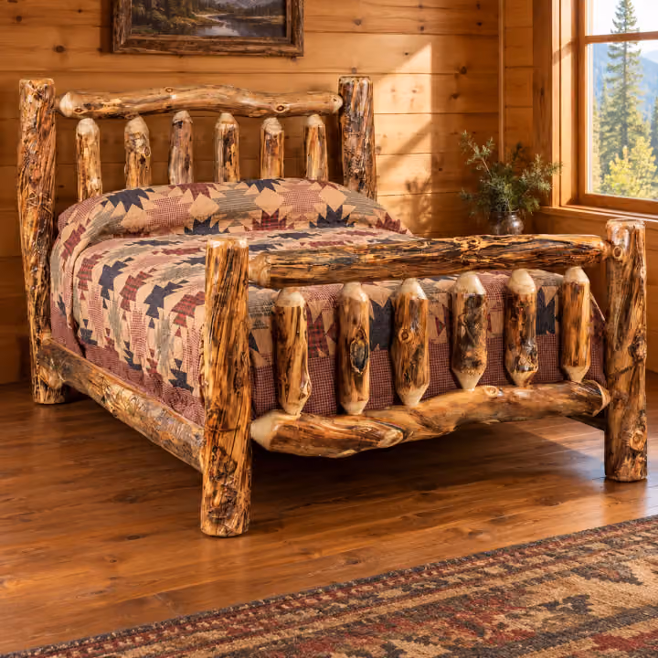 Timber Hollow Aspen Spindle Bed in a cabin bedroom
