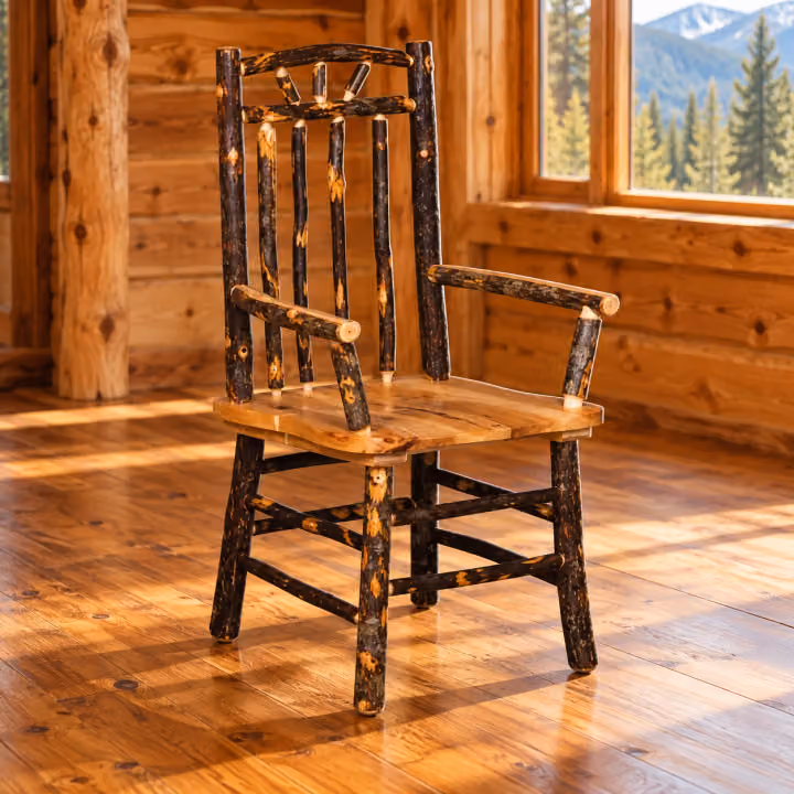 Fox Hollow Hickory Captain Chair in a rustic cabin dining