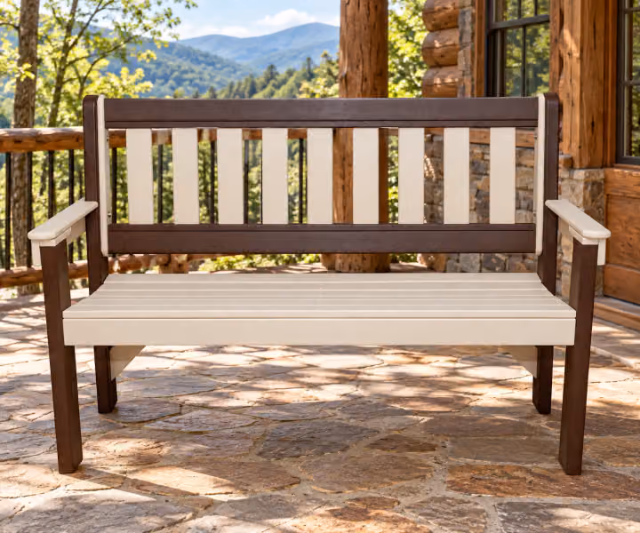 Willow Bay Poly Park Bench in an outdoor mountain cabin setting