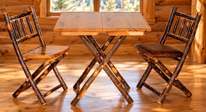 Hemlock Ridge Hickory Folding Table in a rustic cabin dining