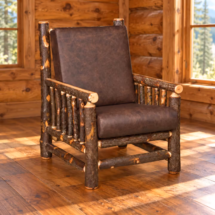 Log Hearth Hickory Cabin Lounge Chair in a rustic cabin setting