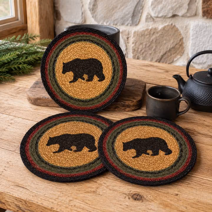 Stenciled Bear Braided Jute Trivet Hot Pad 8 Set of 3 Wyatt