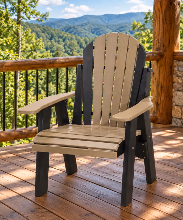 Willow Bay Poly Adirondack Solid Chair in an outdoor mountain cabin setting