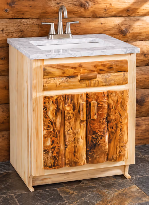 Timber Hollow Aspen Vanity Cabinet — 24-inch in a cabin bathroom
