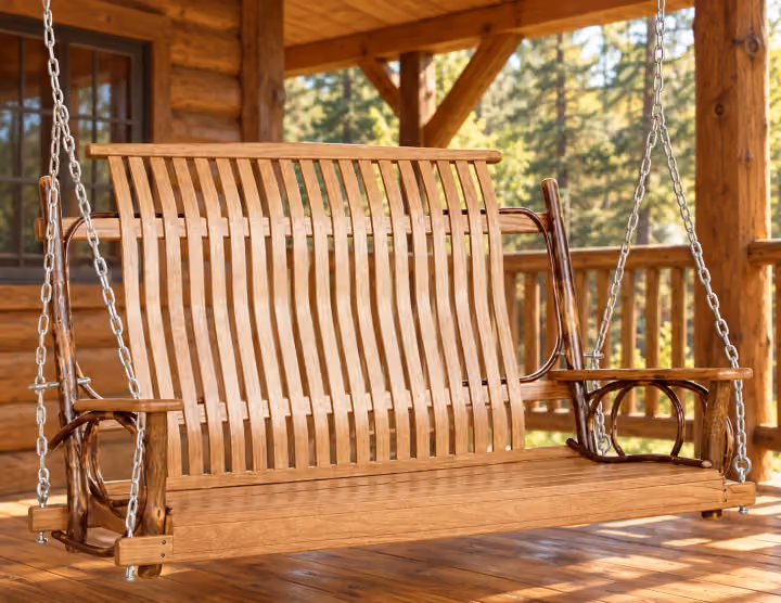 Hemlock Ridge Hickory Swing with Chains in a rustic cabin setting