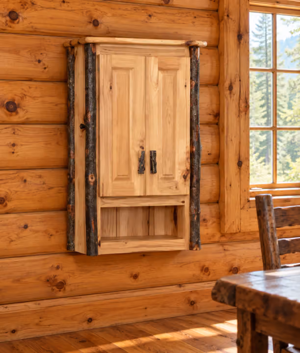 Hemlock Ridge Hickory Medicine Cabinet in a rustic cabin setting